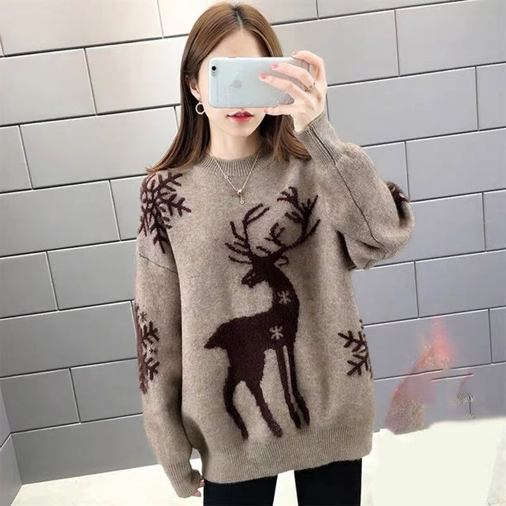 Damen Gemusterter Strickpullover mit Rentier-Jacquard, Rundhalsausschnitt und geripptem Saum – Mavelle