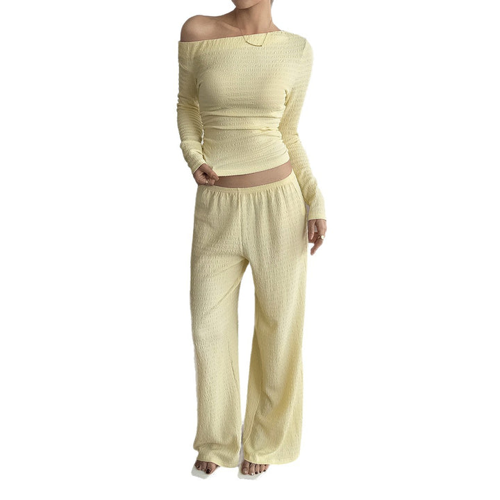 Damen nan legeres Crinkle-Lounge-Set mit Off-Shoulder Crop-Top und weiten High-Waist Palazzohose Echo Archiv