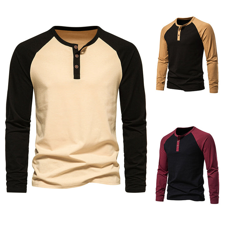 Herren Langarm-Henley-Shirt mit kontrastierenden Ärmel und modischem Knopfdesign Echoarchiv