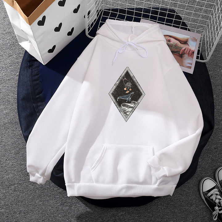 Damen lässiger Kapuzenpullover mit künstlerischem Mond‑und‑Pilzmotiv, weichem Fleecefutter und Kängurutasche – Auréline