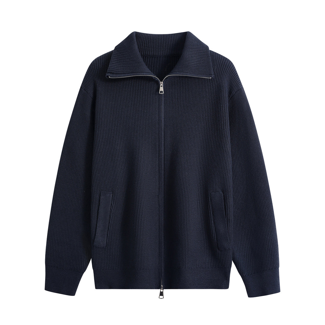 Herren Strick-Zipjacke mit Stehkragen, gerippter Struktur und Oversized-Schnitt Echoarchiv
