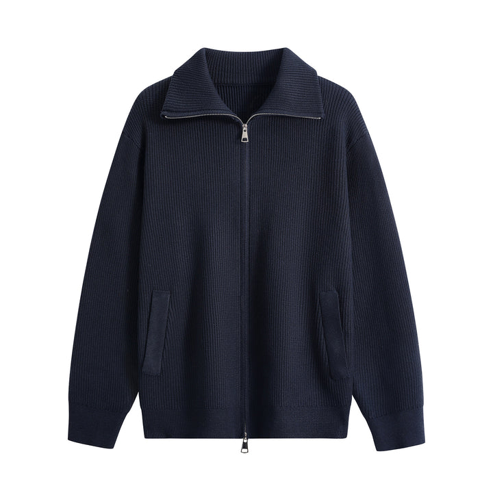 Herren Strick-Zipjacke mit Stehkragen, gerippter Struktur und Oversized-Schnitt Echoarchiv