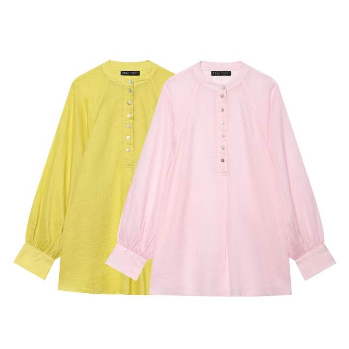 Damen Oversize-Bluse mit Stehkragen, durchgehender Knopfleiste und ballonärmeln Echo Archiv