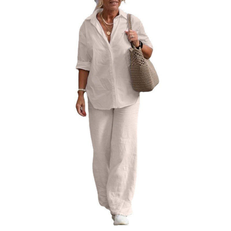 Damen Leichtes Leinen-Loungewear-Set mit offenem Hemdkragen und weiter Palazzohose Echoarchiv