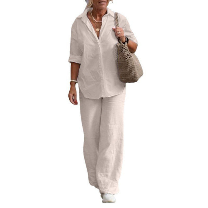 Damen Leichtes Leinen-Loungewear-Set mit offenem Hemdkragen und weiter Palazzohose Echoarchiv