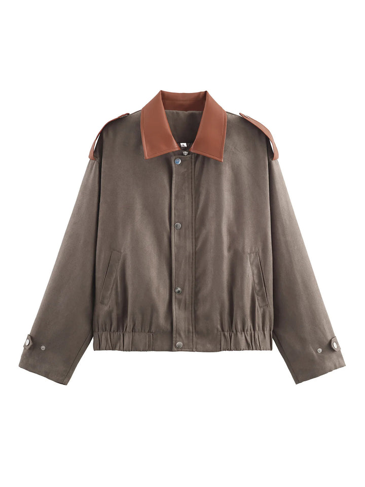 Damen oversized Kurzjacke mit kontrastkragen, Schulterpatten und elastischem Taillenzug – Célinea