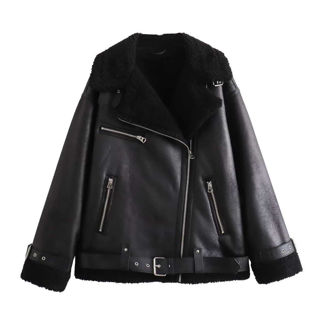 Damen Fliegerjacke im Bikerstil mit Teddyfutter, Kunstlederbesatz und Taillengürtel Echo Archiv