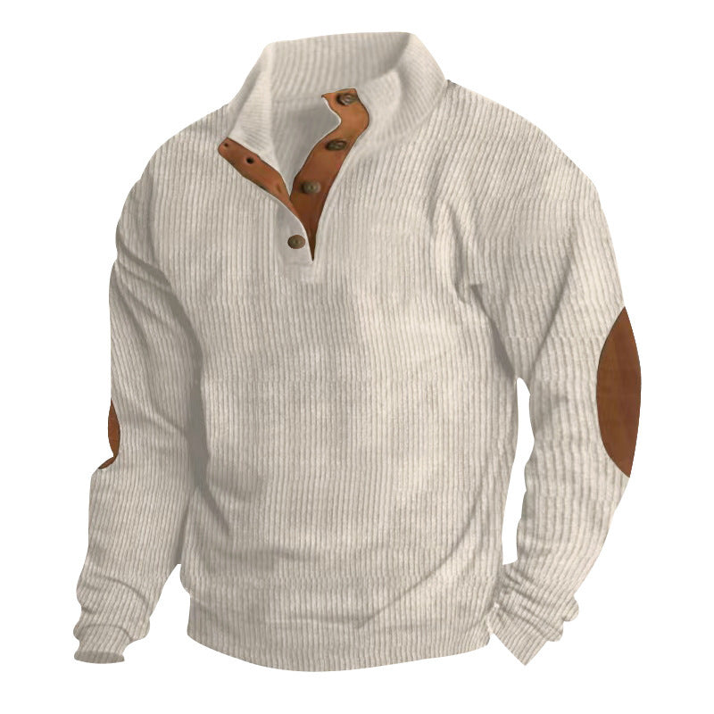 Herren Gerippter Henley-Pullover mit Stehkragen, Knopfleiste & Leder-Ellbogenpatches – Norvane