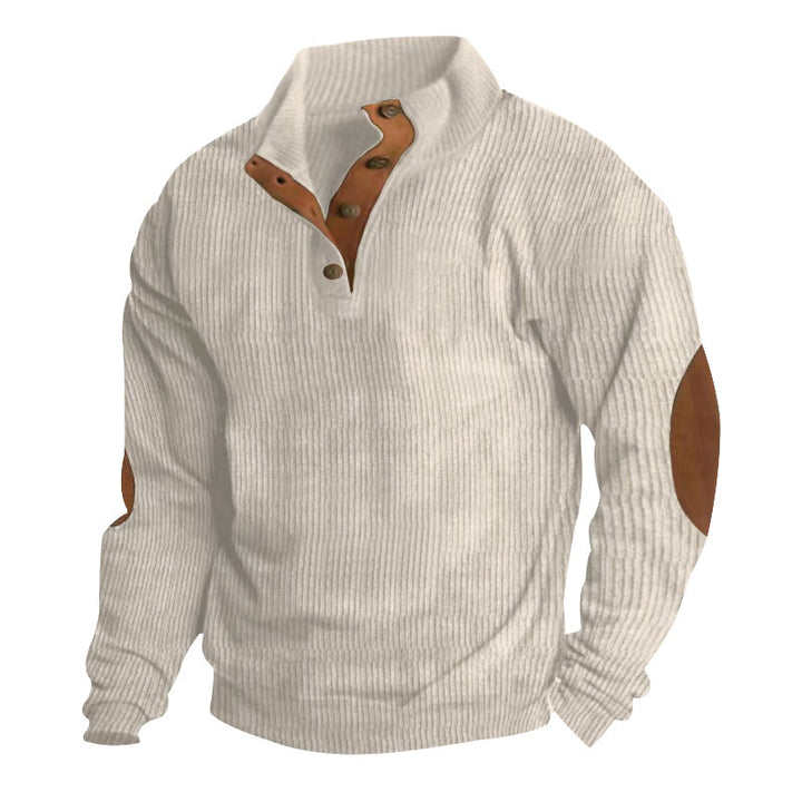 Herren Gerippter Henley-Pullover mit Stehkragen, Knopfleiste & Leder-Ellbogenpatches – Norvane