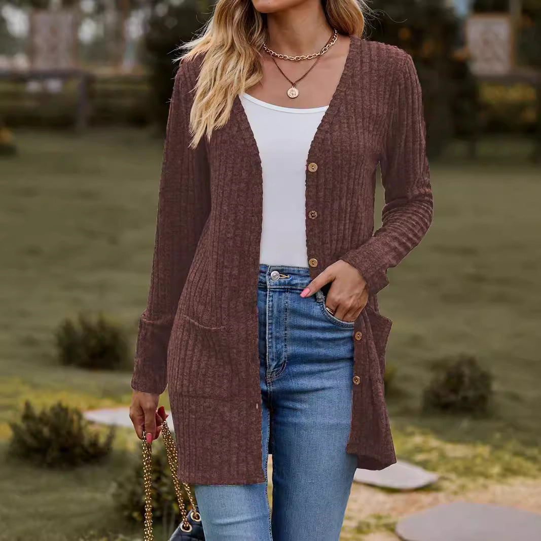 Damen nan langer gerippter Strickcardigan mit Eingrifftaschen und Holzknöpfen Echo Archiv