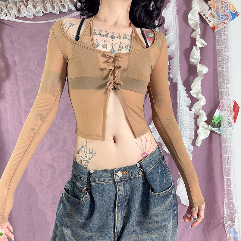 Damen langer Arm Mesh Bluse mit verstellbarem Knoten-Design Echo Archiv