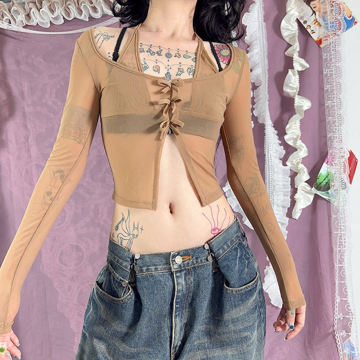 Damen langer Arm Mesh Bluse mit verstellbarem Knoten-Design Echo Archiv
