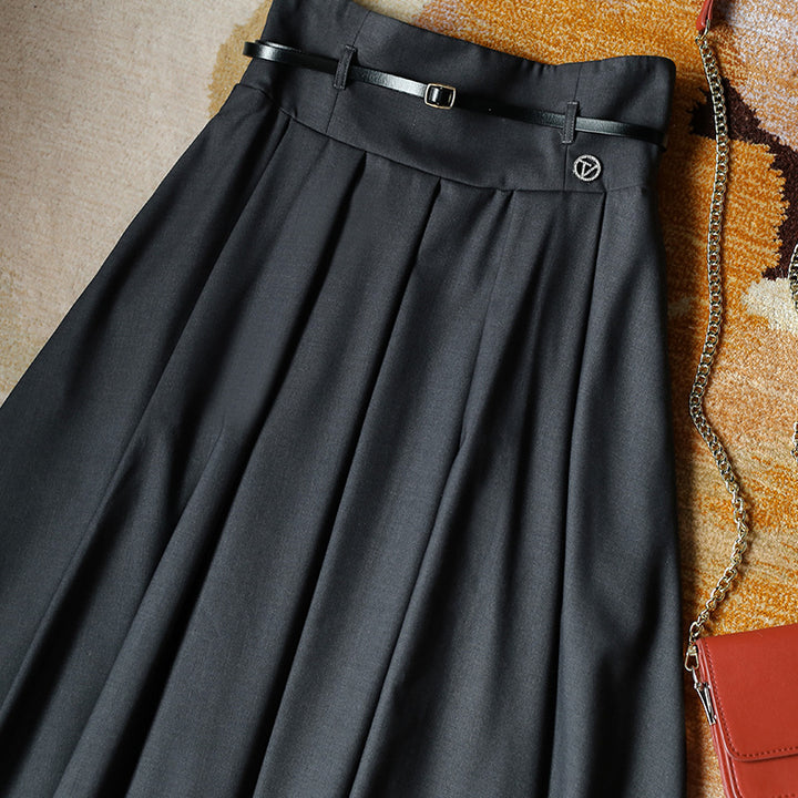 Damen Hochtaillierter ausgestellter Midirock mit Kellerfalten, Taillenband und Ziergürtel Echo Archiv