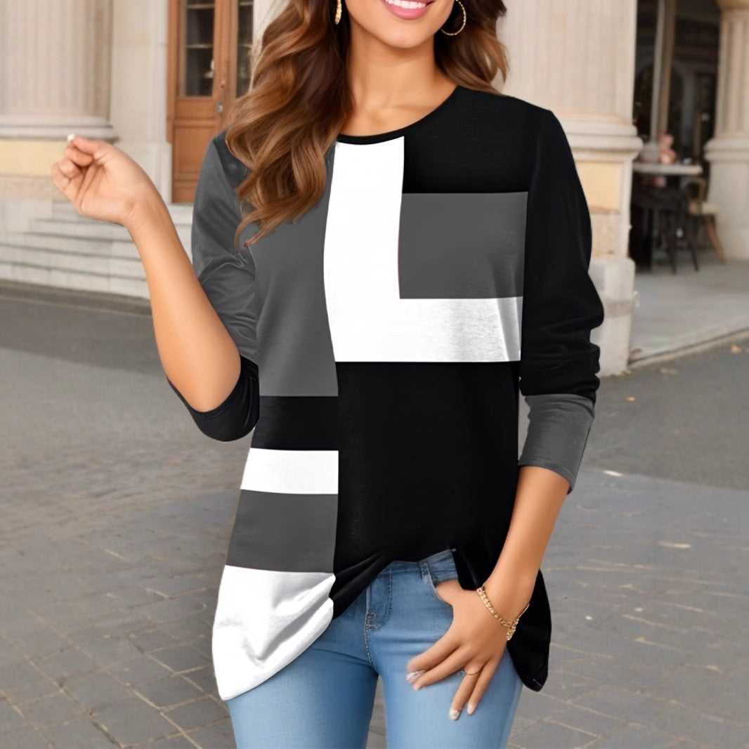 Damen nan geometrisches Colorblock Longsleeve-Tunika-Oberteil mit Rundhalsausschnitt und asymmetrischem Saum Echo Archiv