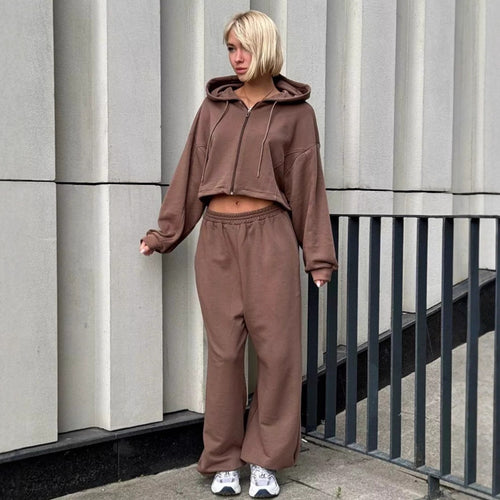 Damen Kurzes Zip-Kapuzenjacke und High‑Waist Loungehose Set – Auréline
