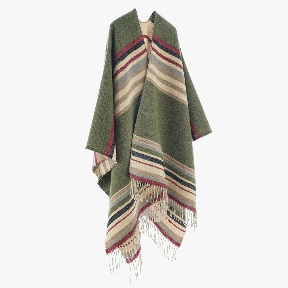 Damen Gestreifter Wollmix-Capeponcho mit Fransen Echo Archiv
