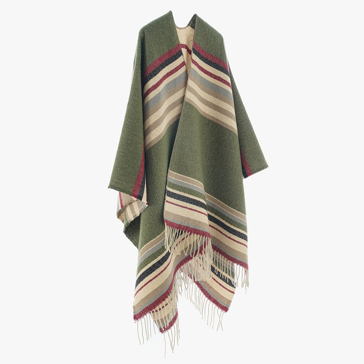 Damen Gestreifter Wollmix-Capeponcho mit Fransen Echo Archiv