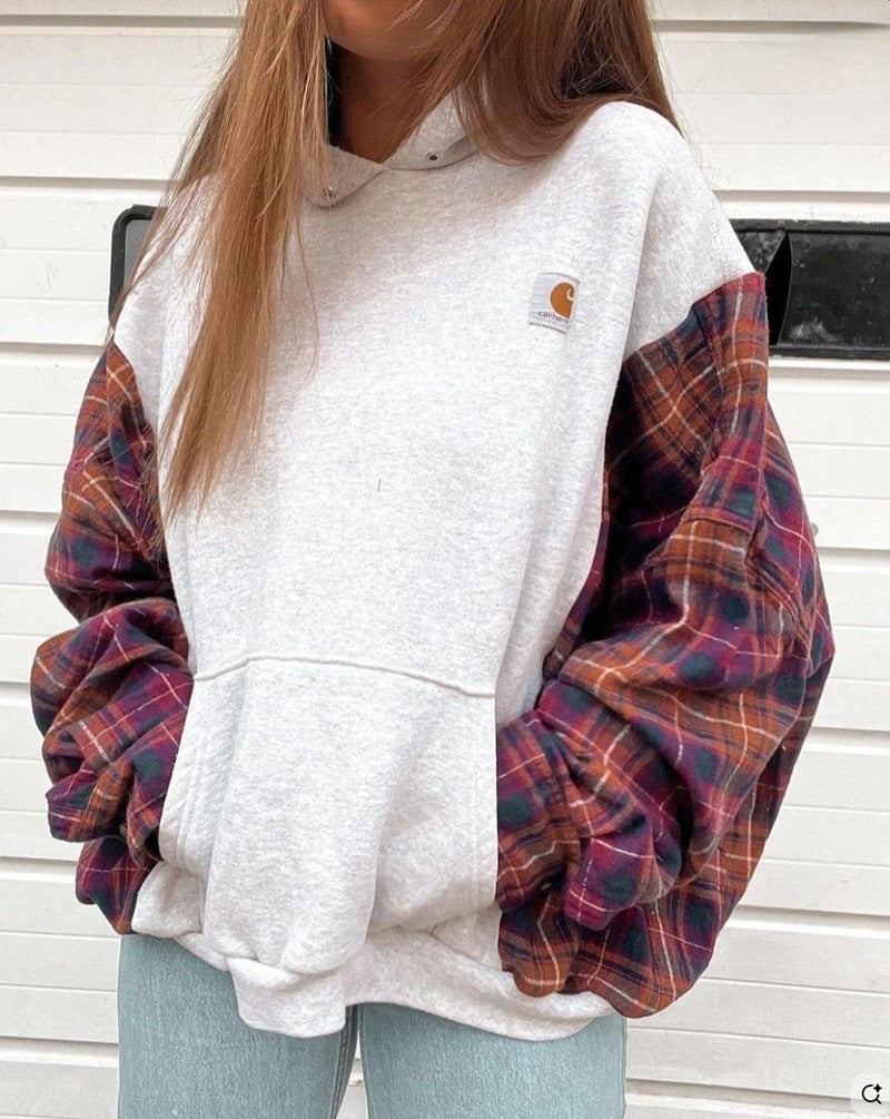 Damen nan oversized Kapuzenpullover mit karierten Flanellärmeln und Kängurutasche Echo Archiv