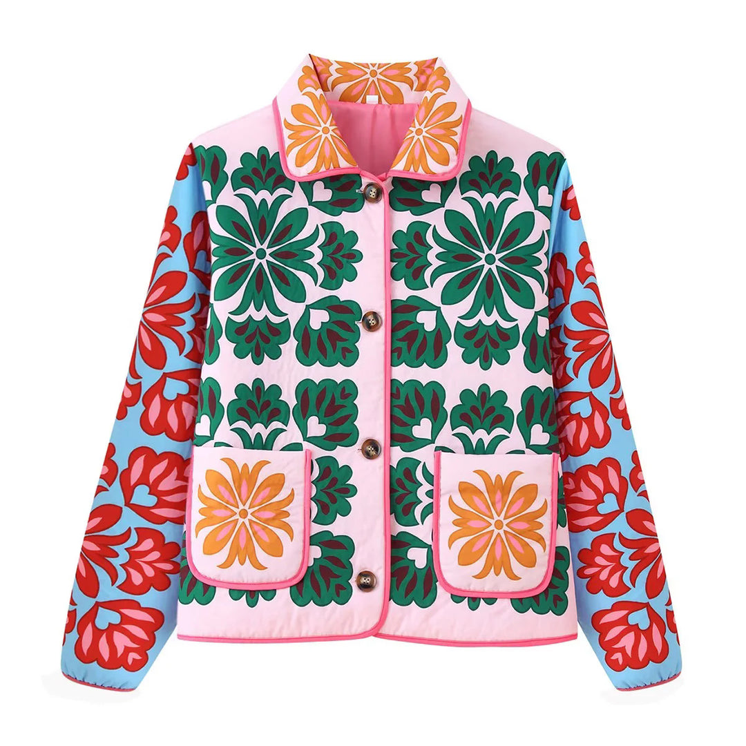 Damen nan gesteppte Blumen-Steppjacke mit kontrastärmeln, aufgesetzten Taschen und Stehkragen Echo Archiv