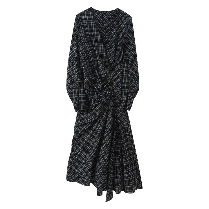 Damen asymmetrisches Midikleid mit Knoten-Drapierung und Balloon-Ärmeln – Élara