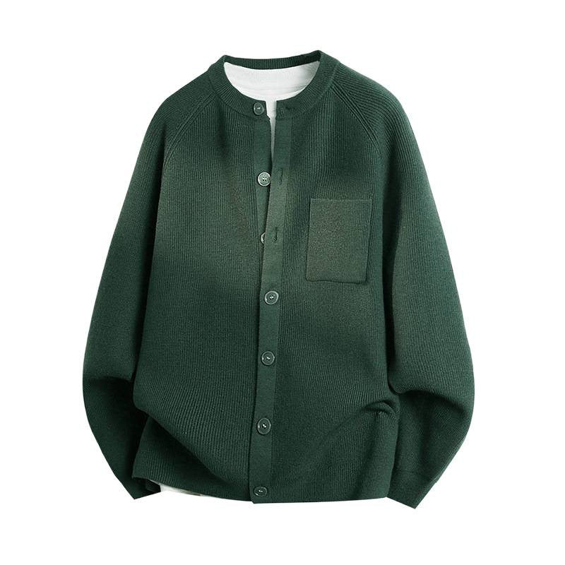 Unisex Leichter Feinstrick-Cardigan mit Rundhalsausschnitt, Brusttasche und Raglanärmeln Echoarchiv