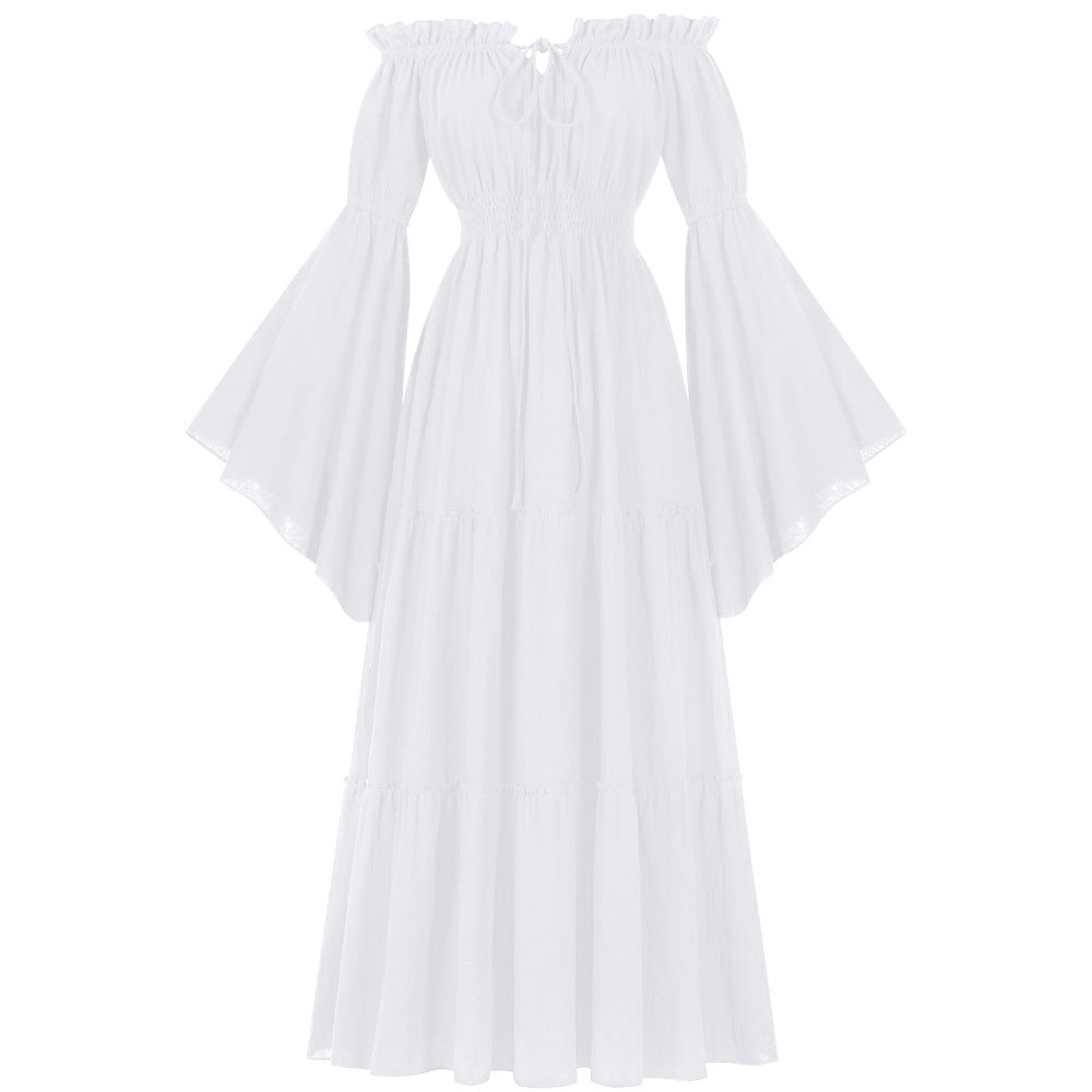 Damen bodenlanges Off-Shoulder Maxikleid mit geraffter Taille, mehrstufigem Rock und weiten Trompetenärmeln – Valéora