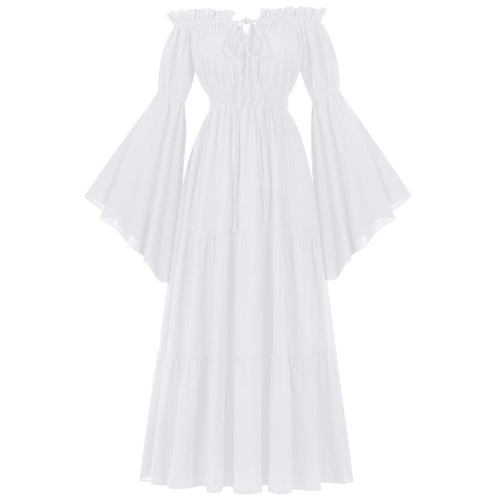 Damen bodenlanges Off-Shoulder Maxikleid mit geraffter Taille, mehrstufigem Rock und weiten Trompetenärmeln – Valéora