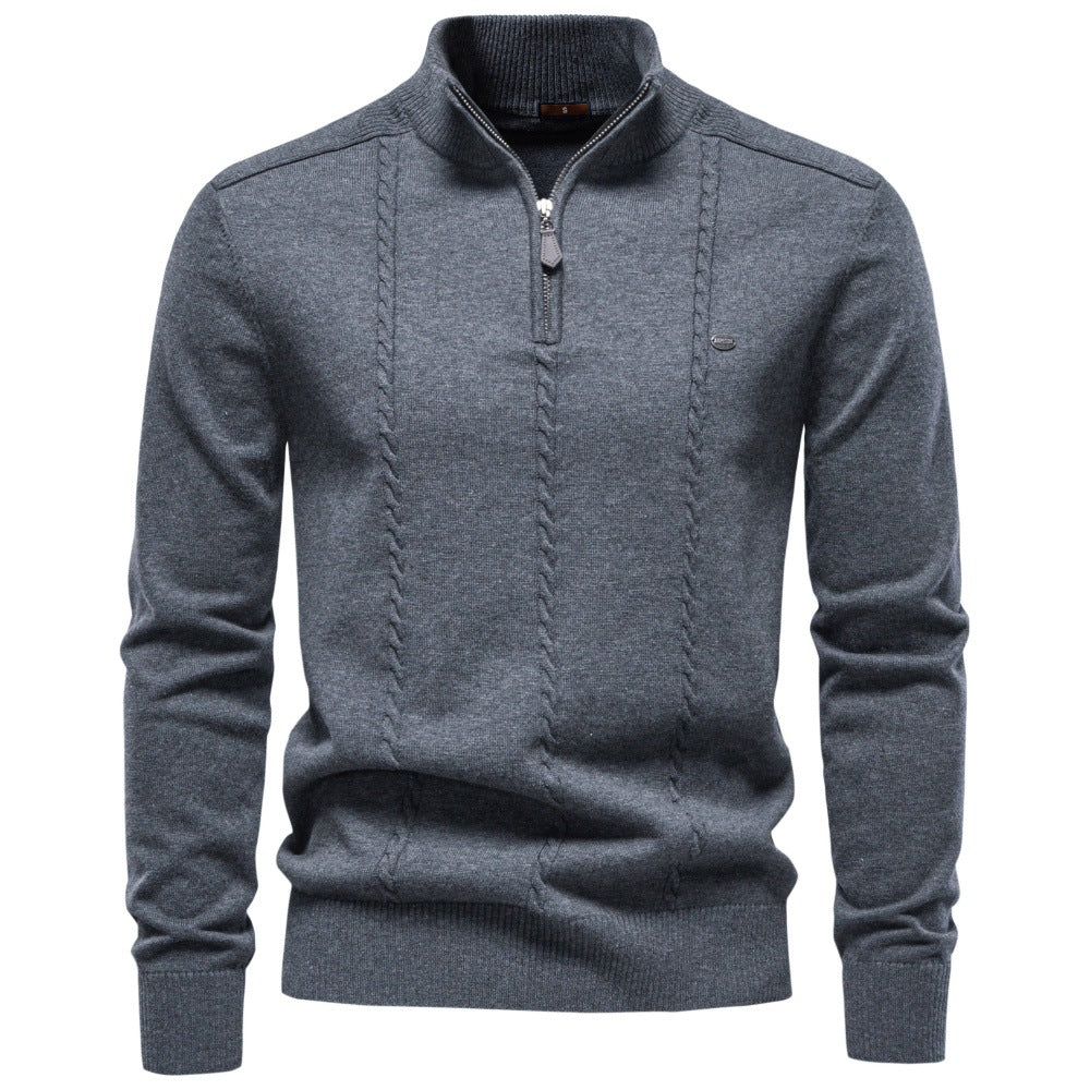 Herren Feinstrickpullover mit halbem Reißverschluss und vertikalem Zopfmuster Echoarchiv