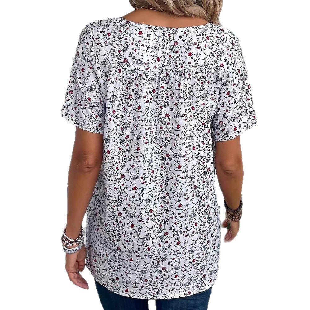 Damen nan lässiges Kurzarm-Tunika-Shirt mit Rundhalsausschnitt, zartem Blumenallover und dekorativen Brustfalten Echo Archiv