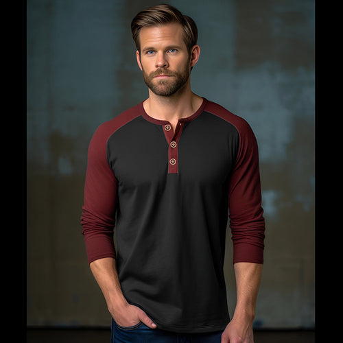 Herren Langarm-Henley-Shirt mit kontrastierenden Ärmel und modischem Knopfdesign Echoarchiv