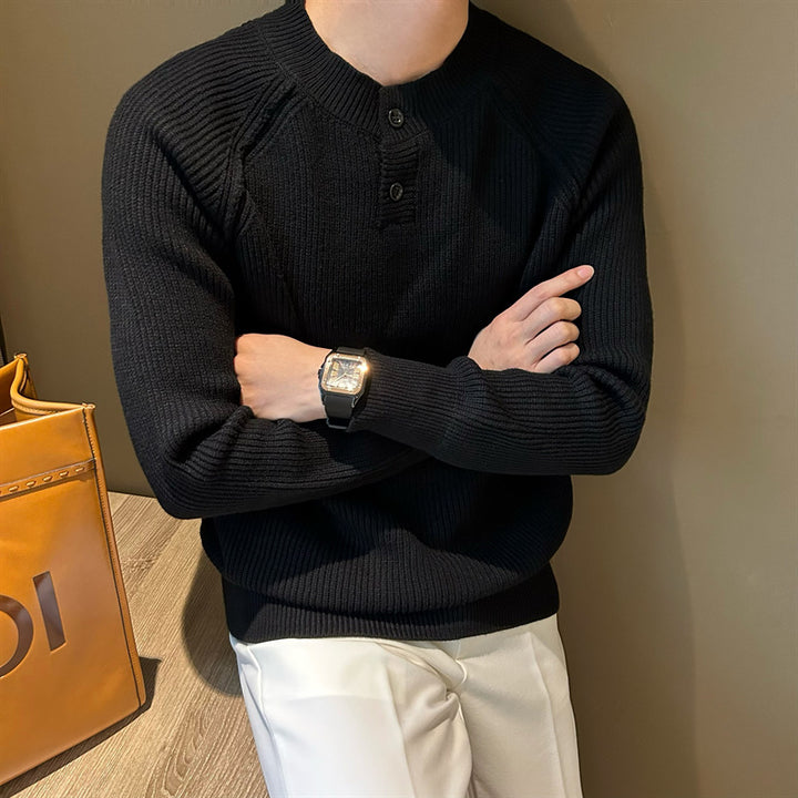 Herren Feinstrick-Henley-Pullover mit Raglanärmeln und feiner Rippstruktur Echoarchiv