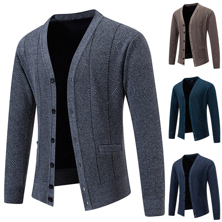 Herren Strukturierter Feinstrick-Cardigan mit Chevron‑Muster, V‑Ausschnitt und Eingrifftaschen Echo Archiv