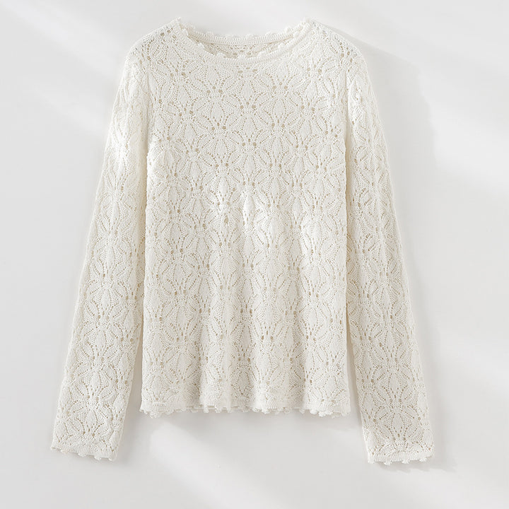Damen Feines Häkel-Longsleeve mit floraler Lochmuster-Struktur und legerer Silhouette Echoarchiv