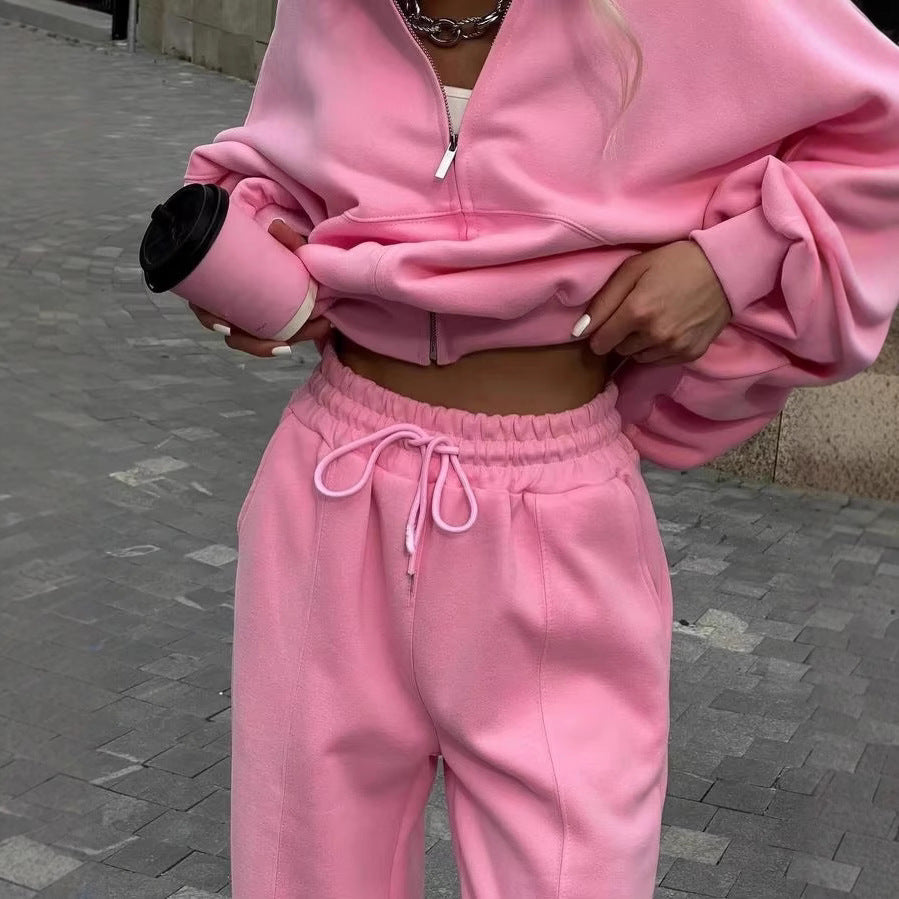 Damen nan cropped Hoodie mit halbem Reißverschluss und Highwaist Jogginghose Echo Archiv