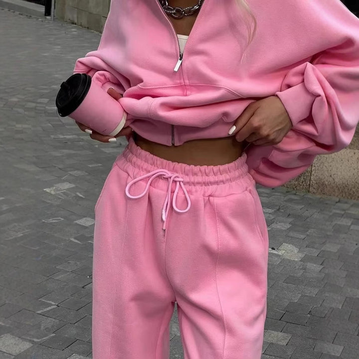 Damen nan cropped Hoodie mit halbem Reißverschluss und Highwaist Jogginghose Echo Archiv