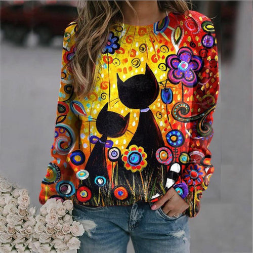 Damen Oversized-Sweatshirt mit künstlerischem Katzen-Print und floraler Musterung – Avérine