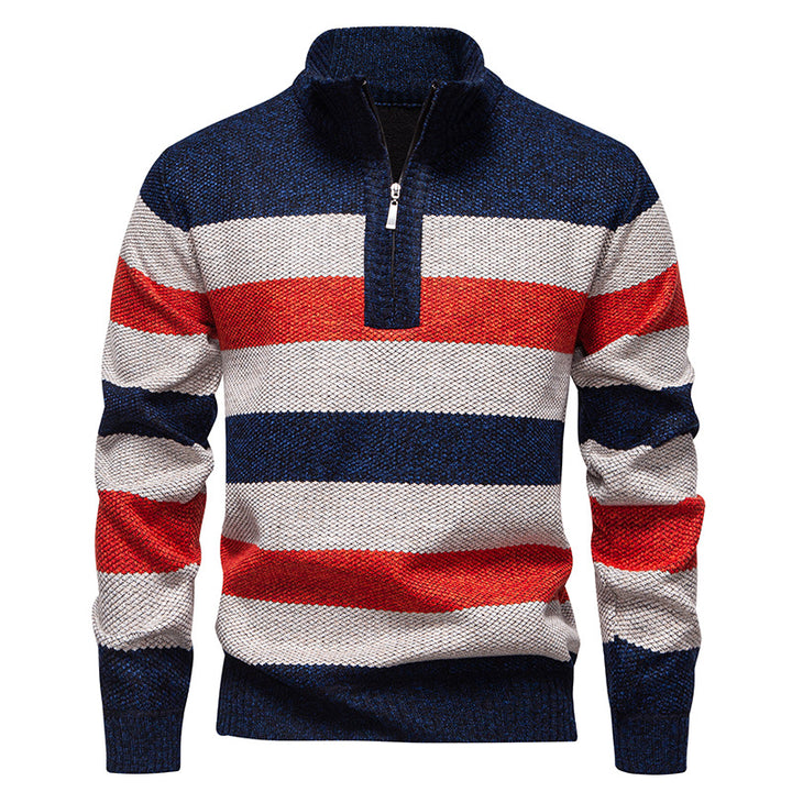 Herren modischer Strickpullover mit halbhohem Kragen und kontrastierenden Streifen Echoarchiv