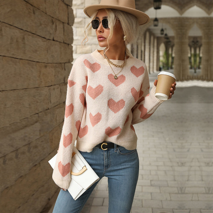Damen Oversize-Pullover mit Herzjacquard und Rundhalsausschnitt – Mavelle