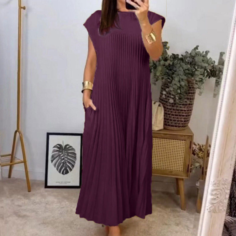 Damen nan fließendes plissiertes Maxikleid mit überschnittenen Schultern und Eingrifftaschen Echo Archiv