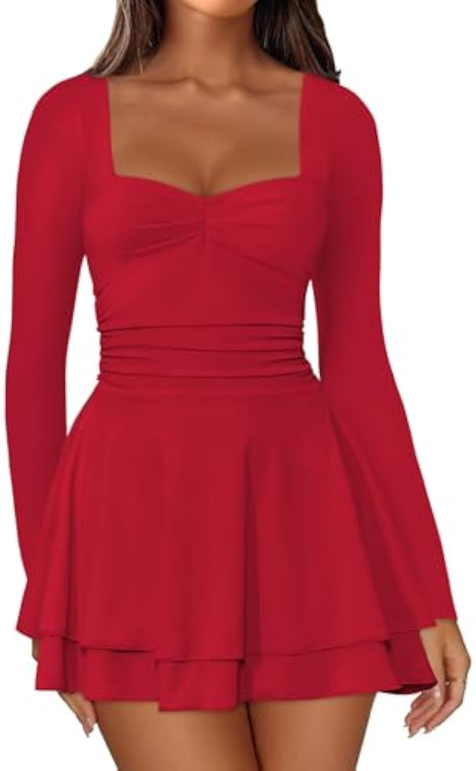Damen Langarm-Minikleid mit quadratischem Ausschnitt, taillierter Raffung und zweilagigem Volantrock – Élara