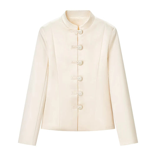 Damen taillierte Stehkragenjacke mit dekorativen Zierknotenknöpfen – Célinea