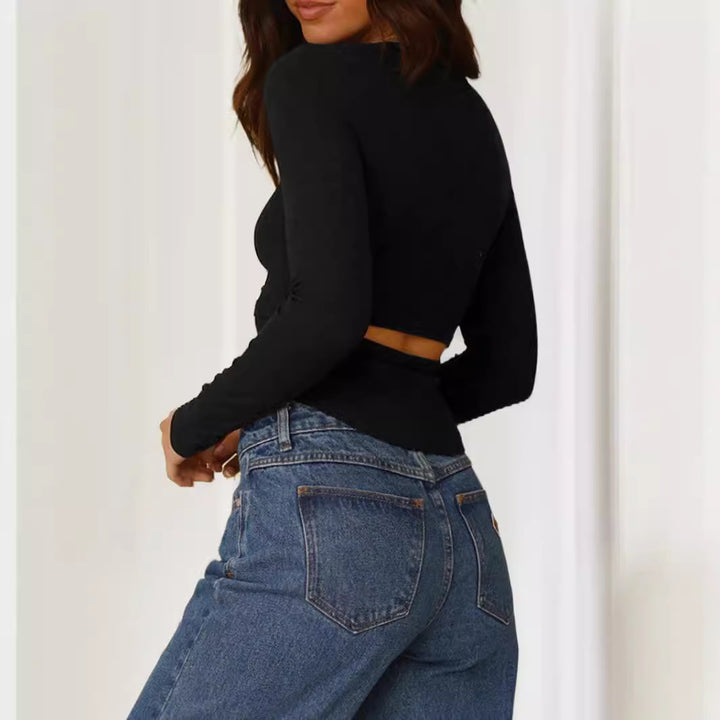 Damen Geripptes bauchfreies Langarmshirt mit quadratischem Ausschnitt – Avérine