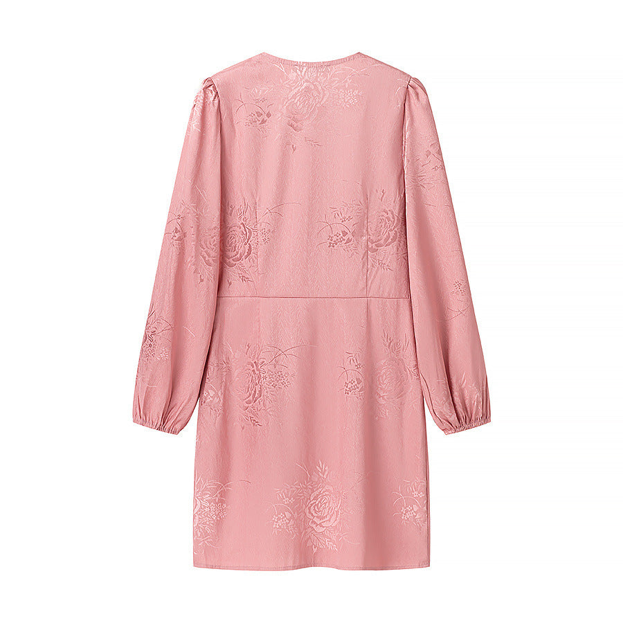 Damen Jacquard-Minikleid mit tiefem V-Ausschnitt, dekorativer Zierknopfleiste und voluminösen Ballonärmeln – Élara