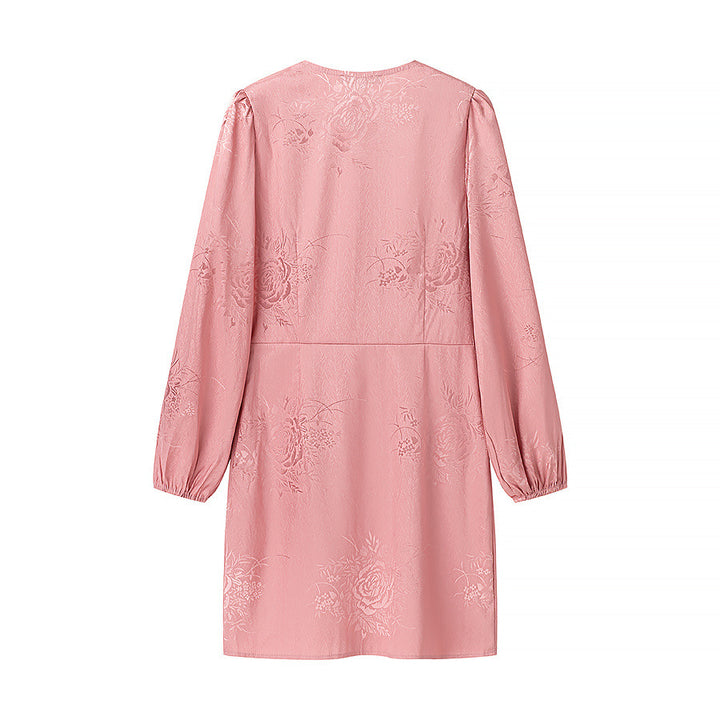 Damen Jacquard-Minikleid mit tiefem V-Ausschnitt, dekorativer Zierknopfleiste und voluminösen Ballonärmeln – Élara