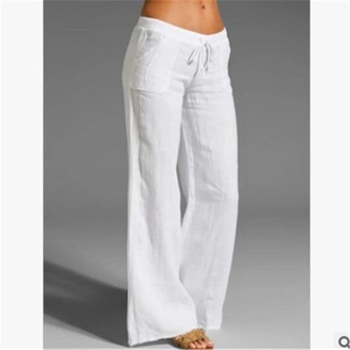 Damen weite Leinenhose mit hochgezogenem Bund und seitlichen Taschen Echoarchiv