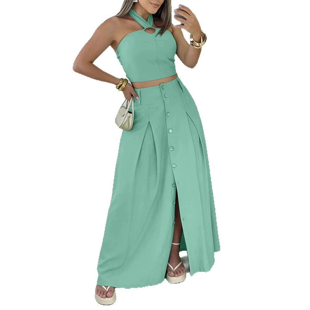 Damen elegantes Crop-Top und Maxirock-Set mit Knopfleiste und Schlitz Echo Archiv