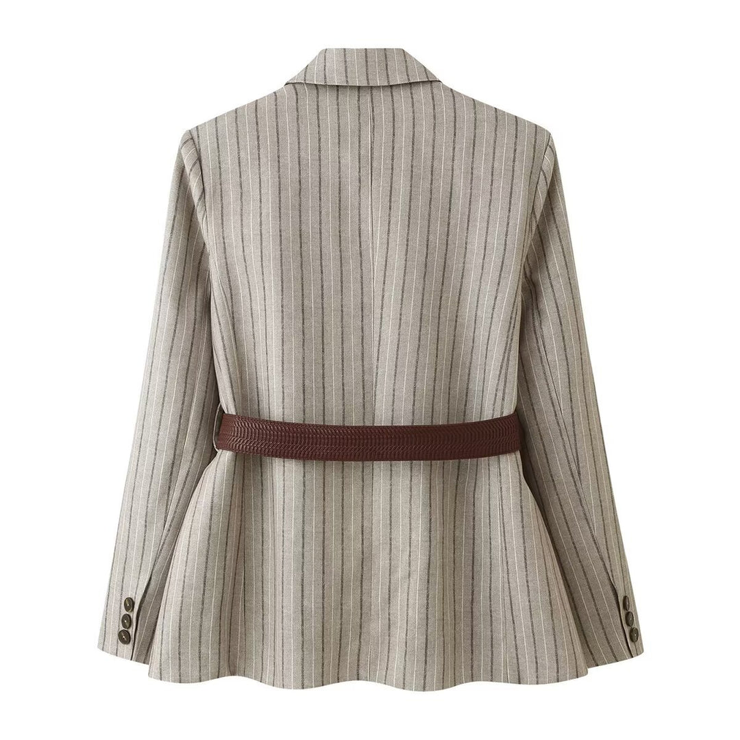 Damen Taillierter Leinenmix-Blazer mit Nadelstreifen, Pattentaschen und Taillengürtel-Detail Echo Archiv