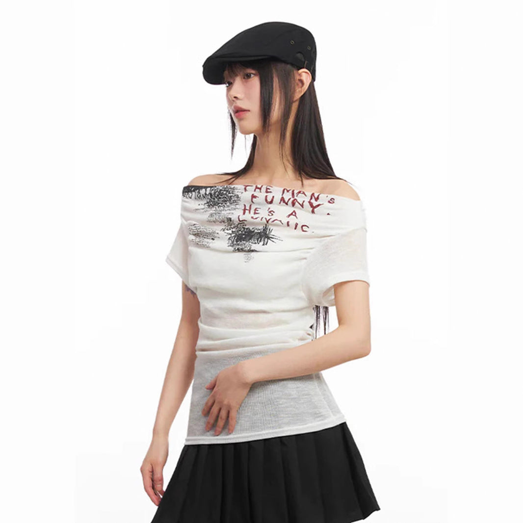 Damen Off-Shoulder Shirt mit grafischem Druck Echo Archiv