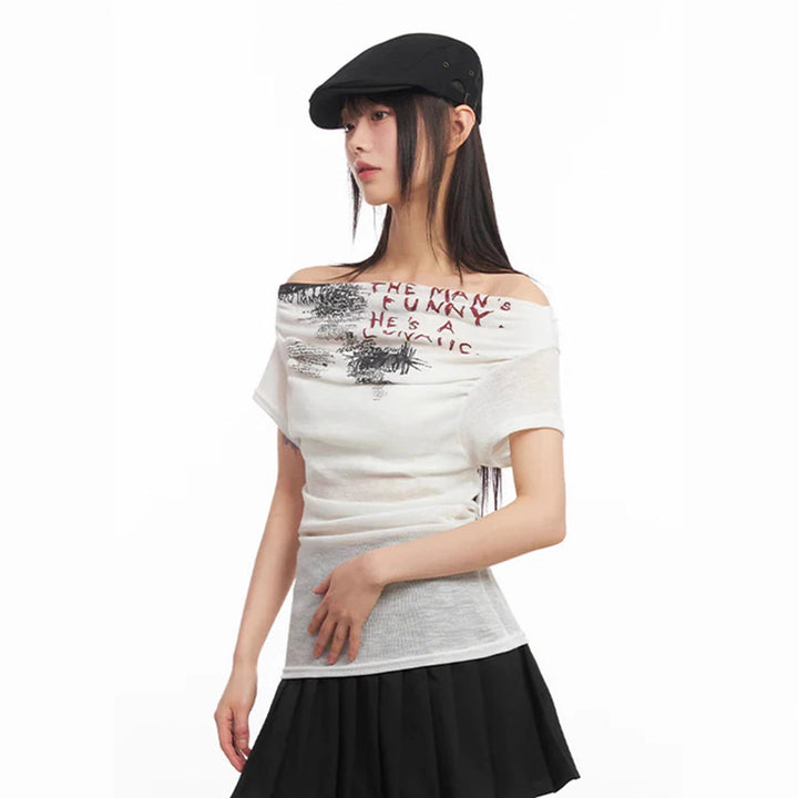 Damen Off-Shoulder Shirt mit grafischem Druck Echo Archiv