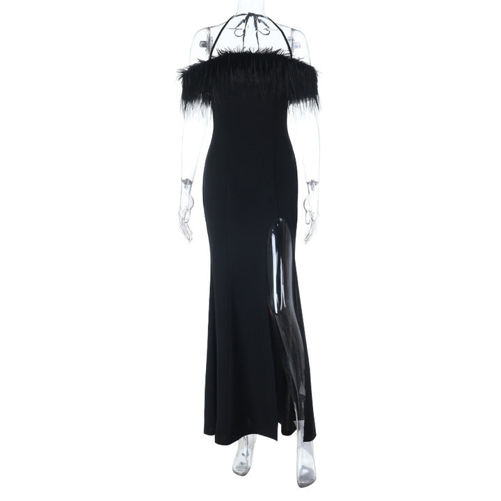 Damen schulterfreies Maxikleid mit Federn und seitlichem Schlitz Echo Archiv